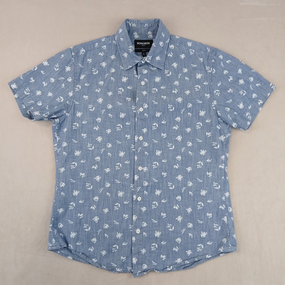 Bonobos Medium Mens Shirt 20x25 Button Short Sleeve Chambray Camp Slim Stretch